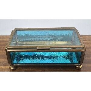 Vtg Brass & Etched Blue Glass Jewelry Trinket Box Footed Mirrored Made In Mexico